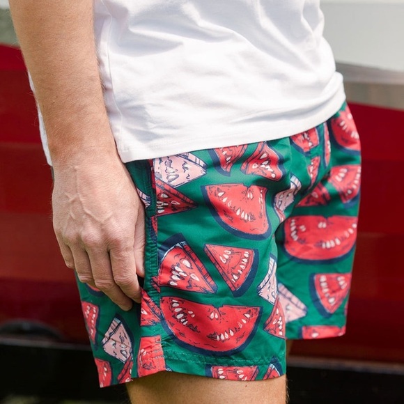 NWT Pink Chicken Blue Rooster Men’s Watermelon Puzzle Swim Trunks in size XL - Picture 3 of 8